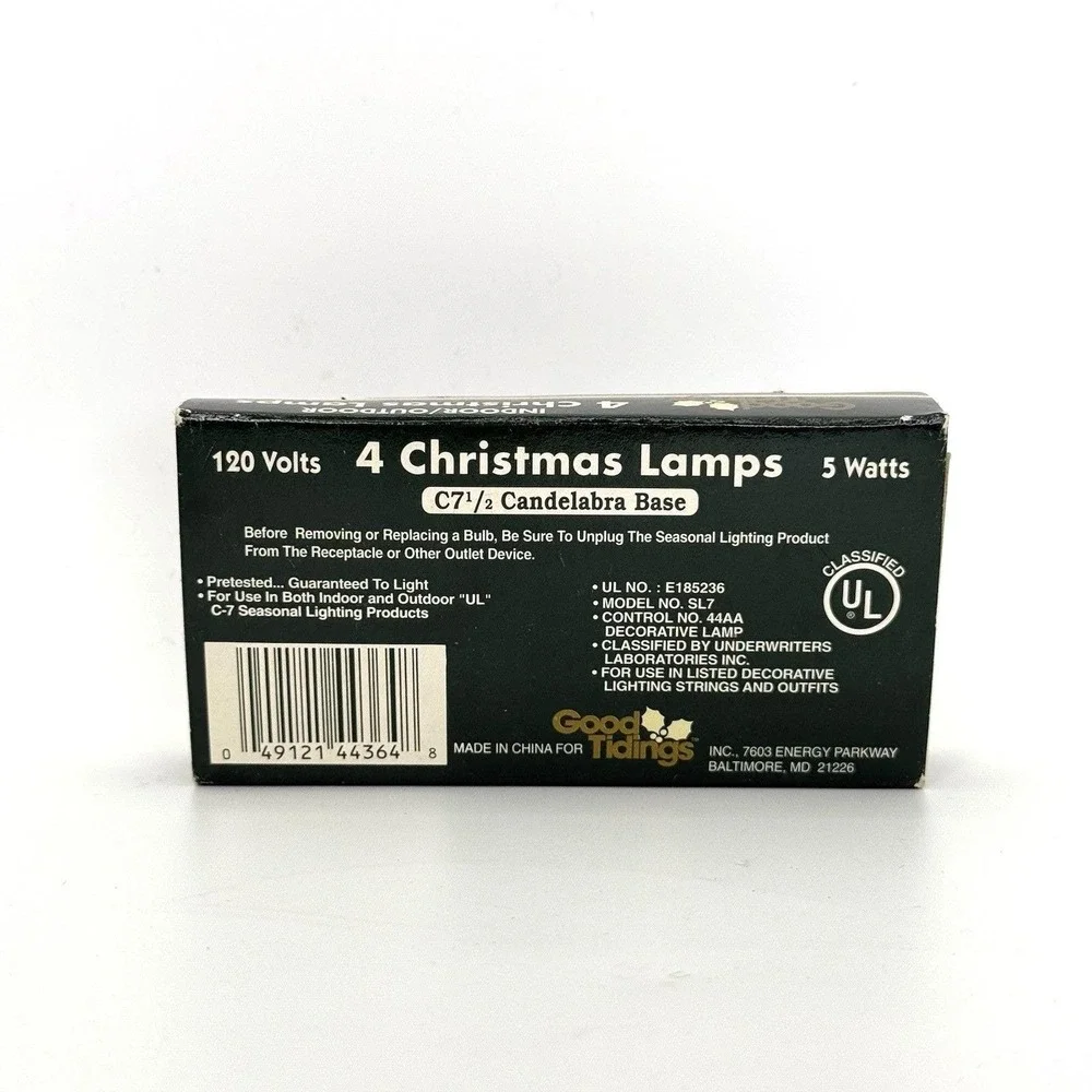 Vintage Good Tidings Indoor Outdoor Christmas‎ Lamps C7½ 120V 5W Bulbs 4 Pack